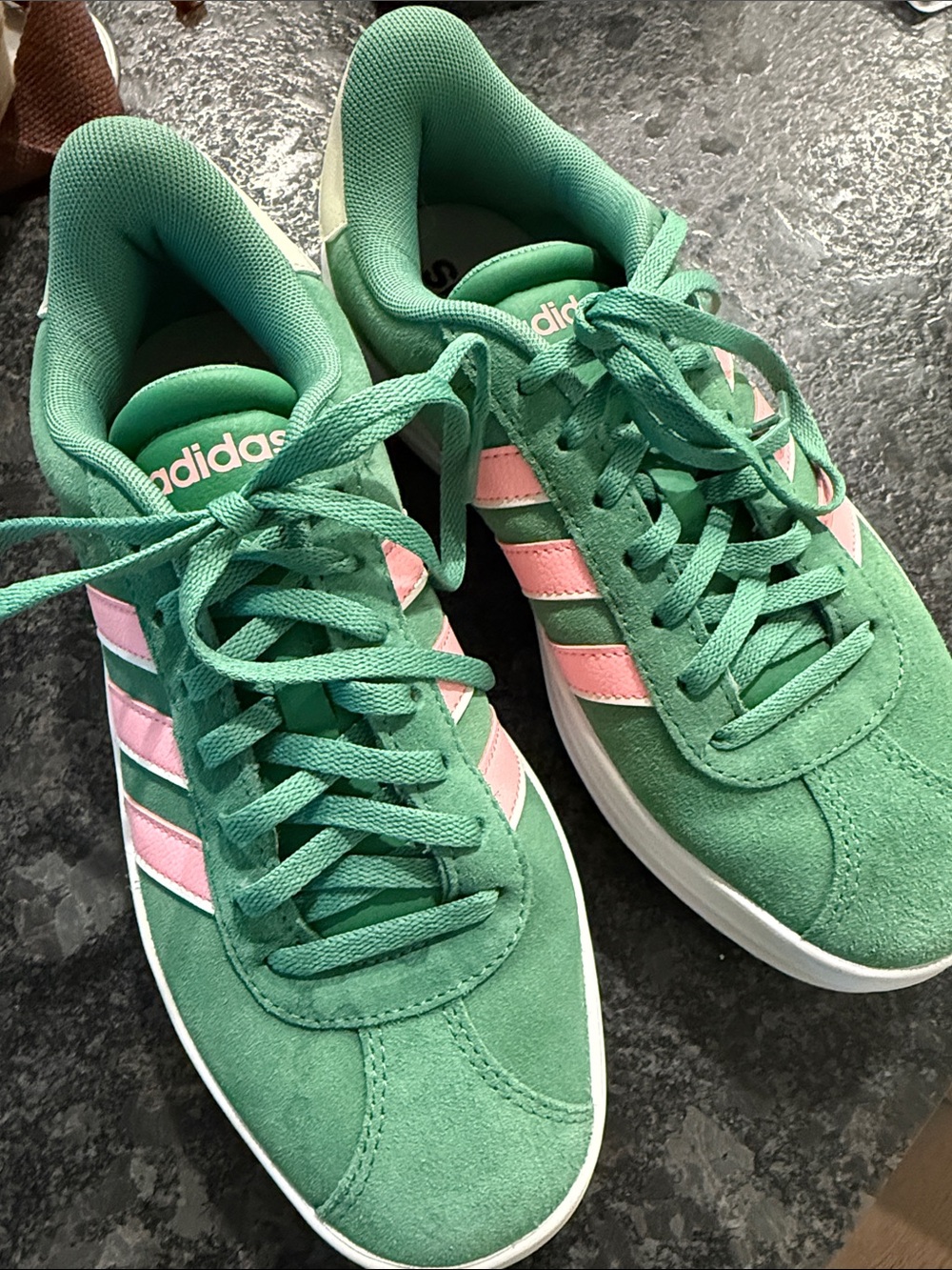 adidas Green Suede Sneakers with Pink Stripes
